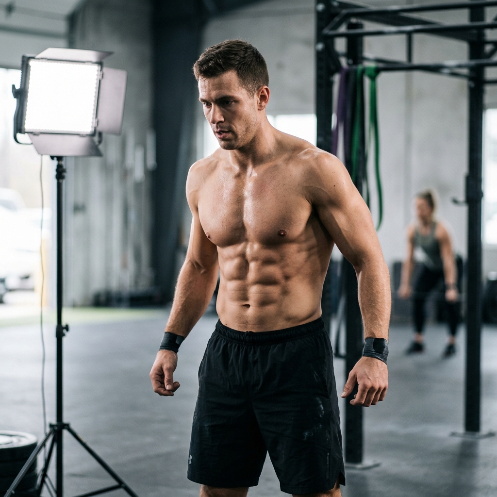 Atleta con abdomen ultra definido y bajo porcentaje de grasa corporal