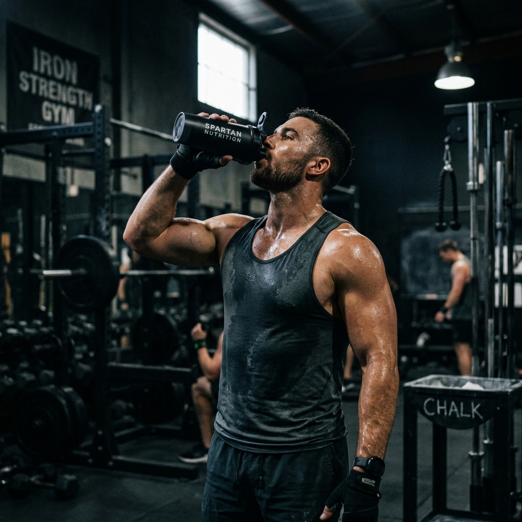 Atleta hidratándose con shaker en el gimnasio durante entrenamiento
