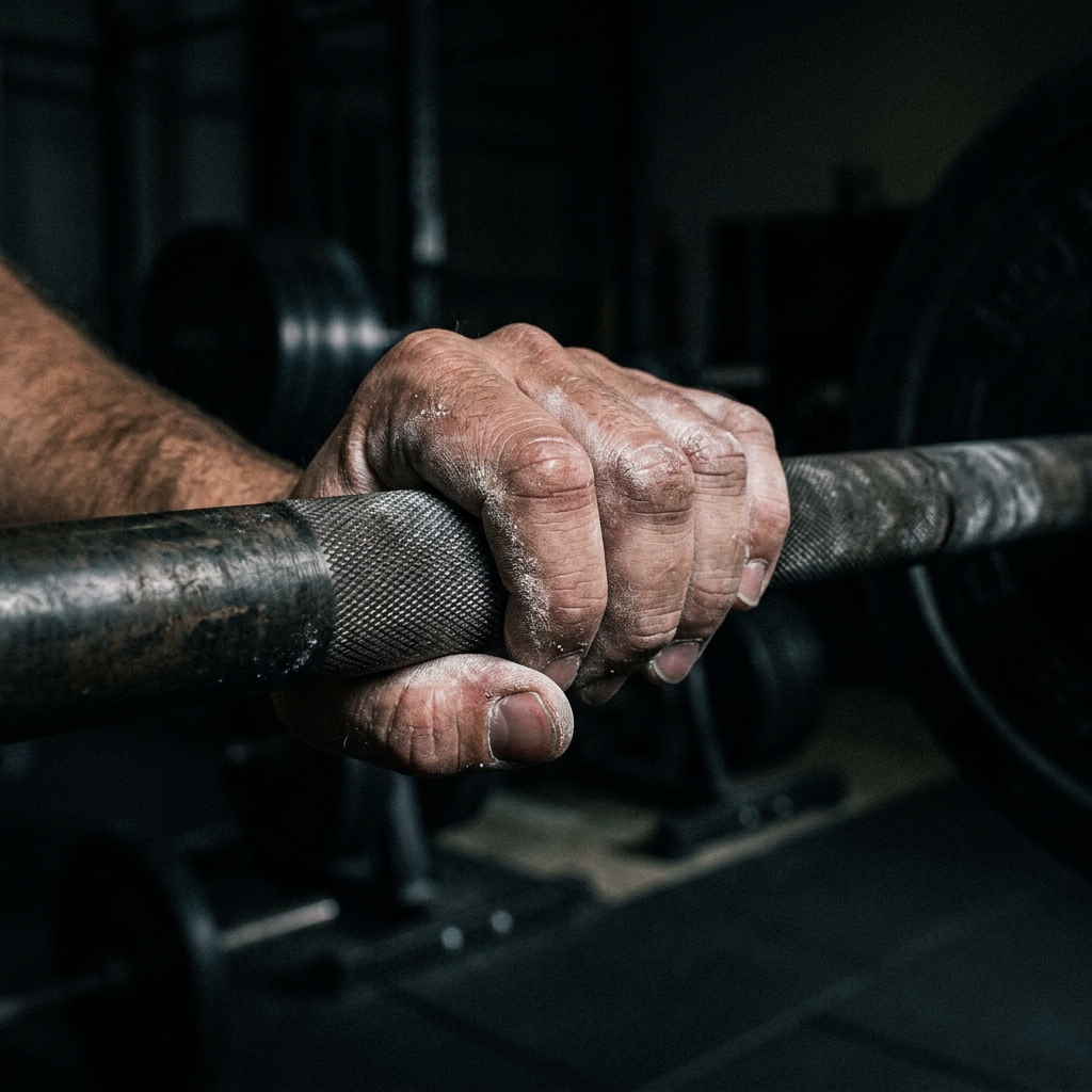 Agarre de barra pesada con tiza en un gimnasio de alto rendimiento